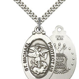 St. Michael Air Force Medal, Sterling Silver - 24&quot; 2.4mm Rhodium Plate Endless Chain