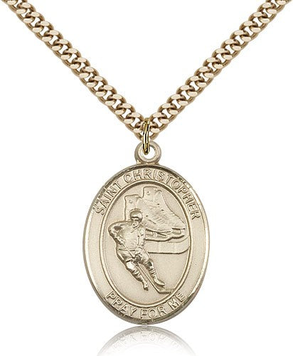 St. Christopher Hockey Medal, Gold Filled, Large - 24&quot; 2.4mm Gold Plated Chain + Clasp