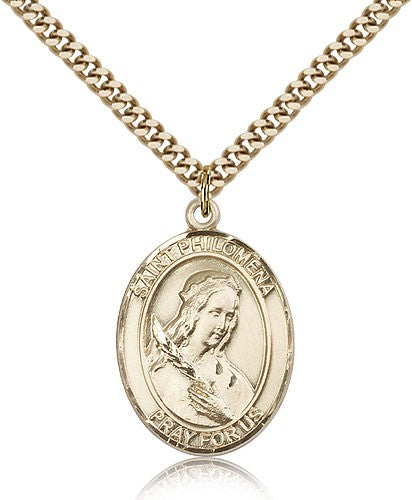 St. Philomena Medal, Gold Filled, Large - 24&quot; 2.4mm Gold Plated Chain + Clasp