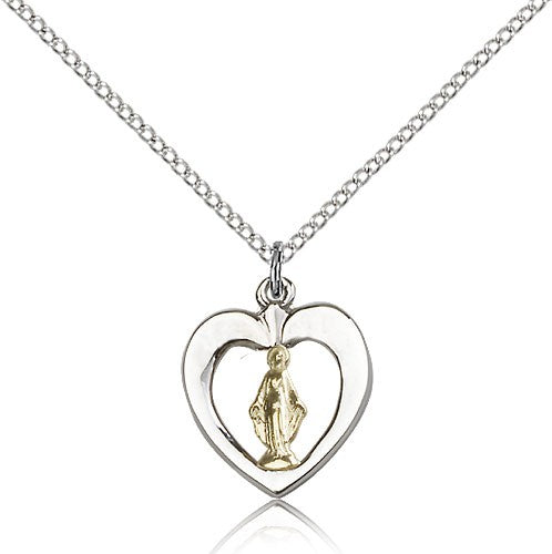 Miraculous Medal, Two-Tone - 18&quot; 1.2mm Sterling Silver Chain + Clasp