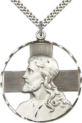 Christ Profile Necklace, Sterling Silver - 24&quot; 2.4mm Rhodium Plate Endless Chain