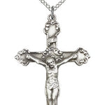 Crucifix Pendant, Sterling Silver - 18&quot; 1.2mm Sterling Silver Chain + Clasp