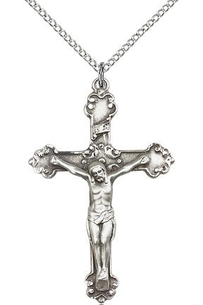 Crucifix Pendant, Sterling Silver - 18&quot; 1.2mm Sterling Silver Chain + Clasp