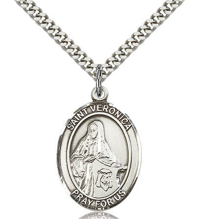 St. Veronica Medal, Sterling Silver, Large - 24&quot; 2.4mm Rhodium Plate Chain + Clasp