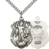 St. Michael National Guard Medal, Sterling Silver - 24&quot; 2.4mm Rhodium Plate Endless Chain