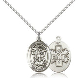 St. Michael EMT Medal, Sterling Silver, Medium - 18&quot; 1.2mm Sterling Silver Chain + Clasp