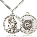 St. Christopher Coast Guard Medal, Sterling Silver - 24&quot; 2.4mm Rhodium Plate Endless Chain