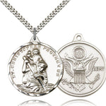 St. Christopher Army Medal, Sterling Silver - 24&quot; 2.4mm Rhodium Plate Endless Chain