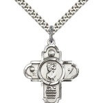 Sports 5 Way Cross St Christopher Medal, Sterling Silver - 24&quot; 2.4mm Rhodium Plate Endless Chain