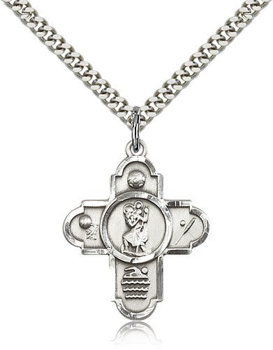 Sports 5 Way Cross St Christopher Medal, Sterling Silver - 24&quot; 2.4mm Rhodium Plate Endless Chain