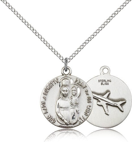 Our Lady of Loretto Medal, Sterling Silver - 18&quot; 1.2mm Sterling Silver Chain + Clasp