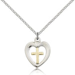 Heart Cross Pendant, Two-Tone - 18&quot; 1.2mm Sterling Silver Chain + Clasp
