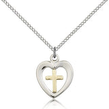 Heart Cross Pendant, Two-Tone - 18&quot; 1.2mm Sterling Silver Chain + Clasp