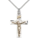 Crucifix Pendant, Two-Tone - 18&quot; 1.2mm Sterling Silver Chain + Clasp
