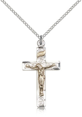 Crucifix Pendant, Two-Tone - 18&quot; 1.2mm Sterling Silver Chain + Clasp