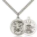 St. Michael Air Force Medal, Sterling Silver - 24&quot; 2.4mm Rhodium Plate Endless Chain