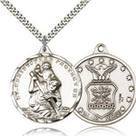 St. Christopher Air Force Medal, Sterling Silver - 24&quot; 2.4mm Rhodium Plate Endless Chain