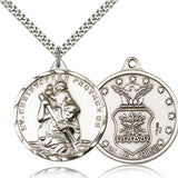 St. Christopher Air Force Medal, Sterling Silver - 24&quot; 2.4mm Rhodium Plate Endless Chain