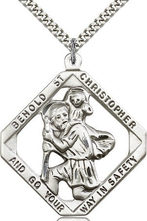 St. Christopher Medal, Sterling Silver - 24&quot; 2.4mm Rhodium Plate Endless Chain