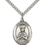St. Henry II Medal, Sterling Silver, Large - 24&quot; 2.4mm Rhodium Plate Chain + Clasp