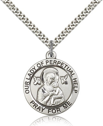 Our Lady of Perpetual Help Medal, Sterling Silver - 24&quot; 2.4mm Rhodium Plate Endless Chain