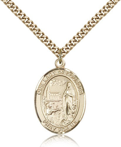 Our Lady of Lourdes Medal, Gold Filled, Large - 24&quot; 2.4mm Gold Plated Chain + Clasp