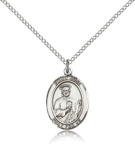 St. Jude Thaddeus Medal, Sterling Silver, Medium - 18&quot; 1.2mm Sterling Silver Chain + Clasp