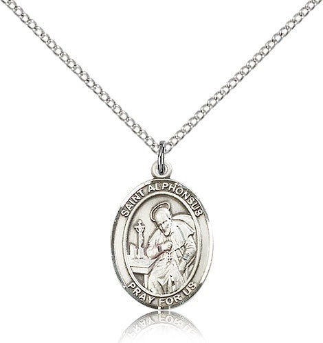 St. Alphonsus Medal, Sterling Silver, Medium - 18&quot; 1.2mm Sterling Silver Chain + Clasp