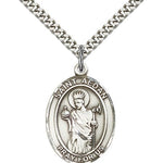 St. Aedan of Ferns Medal, Sterling Silver, Large - 24&quot; 2.4mm Rhodium Plate Chain + Clasp