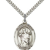 St. Aedan of Ferns Medal, Sterling Silver, Large - 24&quot; 2.4mm Rhodium Plate Chain + Clasp