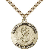Men's Round 14kt Gold Filled St. Christopher Be My Guide Medal - 24&quot; 2.4mm Gold Plated Endless Chain