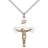 Crucifix Pendant, Two-Tone - 18&quot; 1.2mm Sterling Silver Chain + Clasp