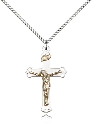 Crucifix Pendant, Two-Tone - 18&quot; 1.2mm Sterling Silver Chain + Clasp