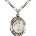 St. Sebastian Golf Medal, Sterling Silver, Large - 24&quot; 2.4mm Rhodium Plate Chain + Clasp