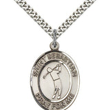 St. Sebastian Golf Medal, Sterling Silver, Large - 24&quot; 2.4mm Rhodium Plate Chain + Clasp