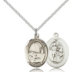 St. Sebastian Fishing Medal, Sterling Silver, Medium - 18&quot; 1.2mm Sterling Silver Chain + Clasp