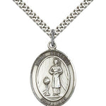 St. Genesius of Rome Medal, Sterling Silver, Large - 24&quot; 2.4mm Rhodium Plate Chain + Clasp
