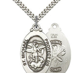 St. Michael National Guard Medal, Sterling Silver - 24&quot; 2.4mm Rhodium Plate Endless Chain