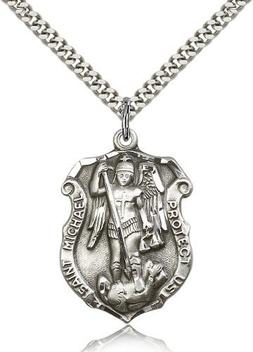 St. Michael the Archangel Medal, Sterling Silver - 24&quot; 2.4mm Rhodium Plate Endless Chain