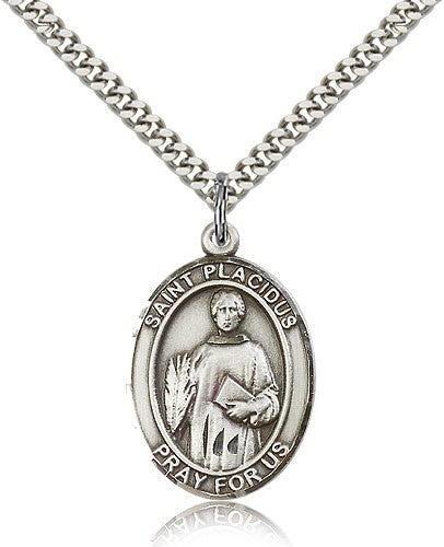 St. Placidus Medal, Sterling Silver, Large - 24&quot; 2.4mm Rhodium Plate Chain + Clasp