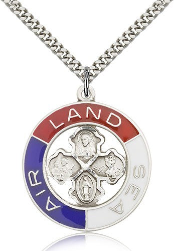 Land, Sea, Air Medal, Sterling Silver - 24&quot; 2.4mm Rhodium Plate Endless Chain