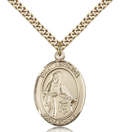St. Veronica Medal, Gold Filled, Large - 24&quot; 2.4mm Gold Plated Chain + Clasp