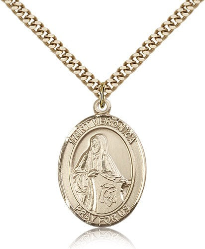 St. Veronica Medal, Gold Filled, Large - 24&quot; 2.4mm Gold Plated Chain + Clasp