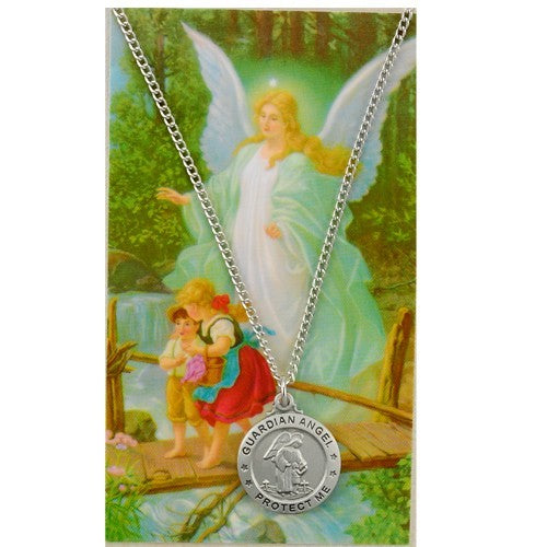 Round Guardian Angel  Medal and Prayer Card Set - Silver-tone