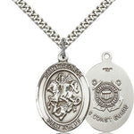 St. George Coast Guard Medal, Sterling Silver, Large - 24&quot; 2.4mm Rhodium Plate Chain + Clasp