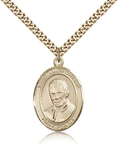 St. Luigi Orione Medal, Gold Filled, Large - 24&quot; 2.4mm Gold Plated Chain + Clasp