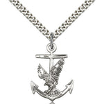 Anchor Eagle Medal, Sterling Silver - 24&quot; 2.4mm Rhodium Plate Endless Chain
