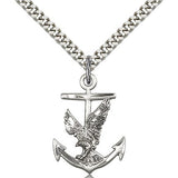 Anchor Eagle Medal, Sterling Silver - 24&quot; 2.4mm Rhodium Plate Endless Chain