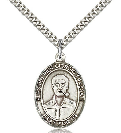 Blessed Pier Giorgio Frassati Medal, Sterling Silver, Large - 24&quot; 2.4mm Rhodium Plate Chain + Clasp