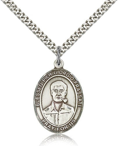 Blessed Pier Giorgio Frassati Medal, Sterling Silver, Large - 24&quot; 2.4mm Rhodium Plate Chain + Clasp